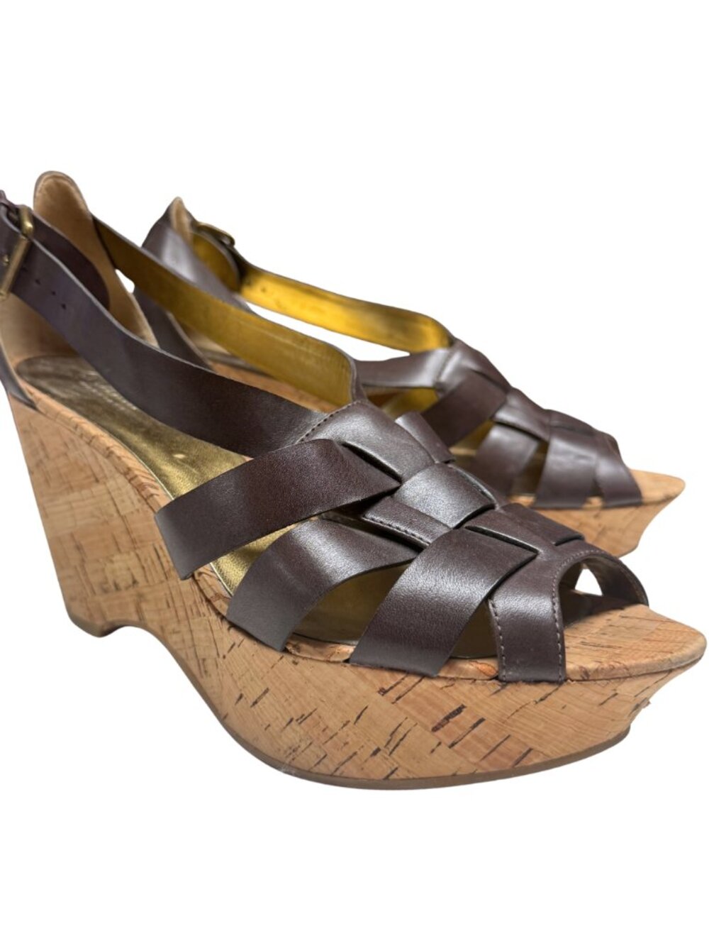 Guess by Marciano Brown Leather Woven Strappy Cork Wedge Sandals Peep Toe Size 9